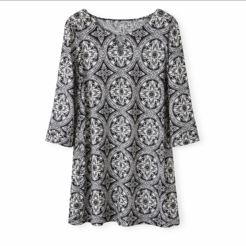 Tacera Black White Baroque Scroll Pattern Midi Knee Length Dress Plus Sz 2X